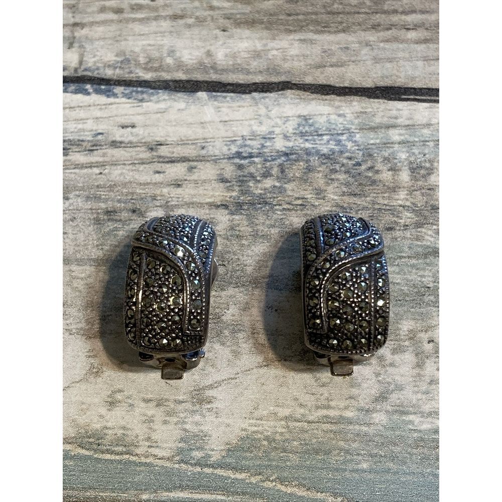Dome Marcasite 925 Sterling Silver Earrings Estate Vintage Clip on style 12.4g